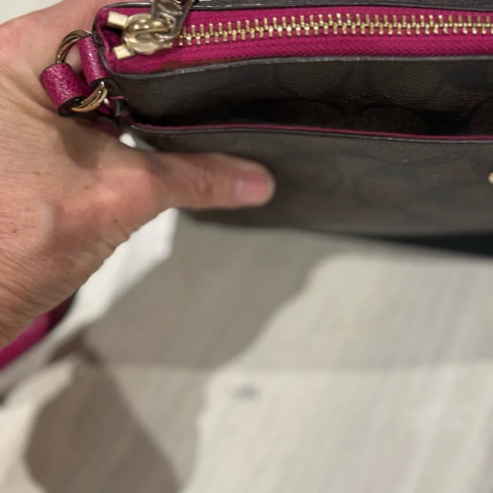 Coach Brown Signature Crossbody with Pink Trim and Strap